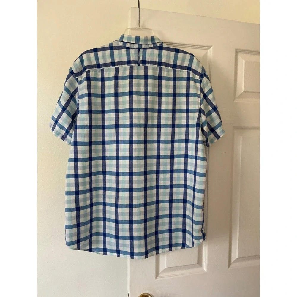Banana Republic Linen Cotton‎ Plaid Shirt Mens XL Blue Short Sleeve Button Front
